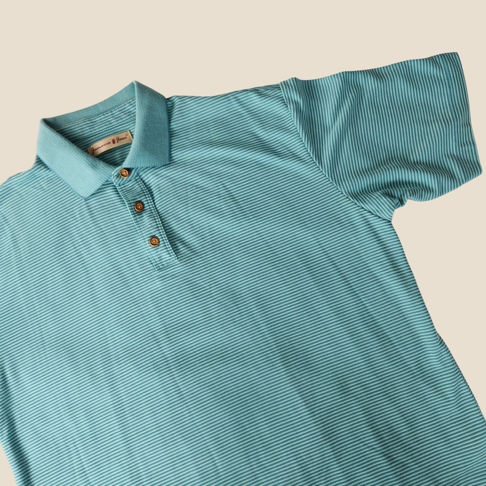NWOT Jamaica Jaxx Mens Large Teal Blue Striped Polo Modal Blend Short Sleeve